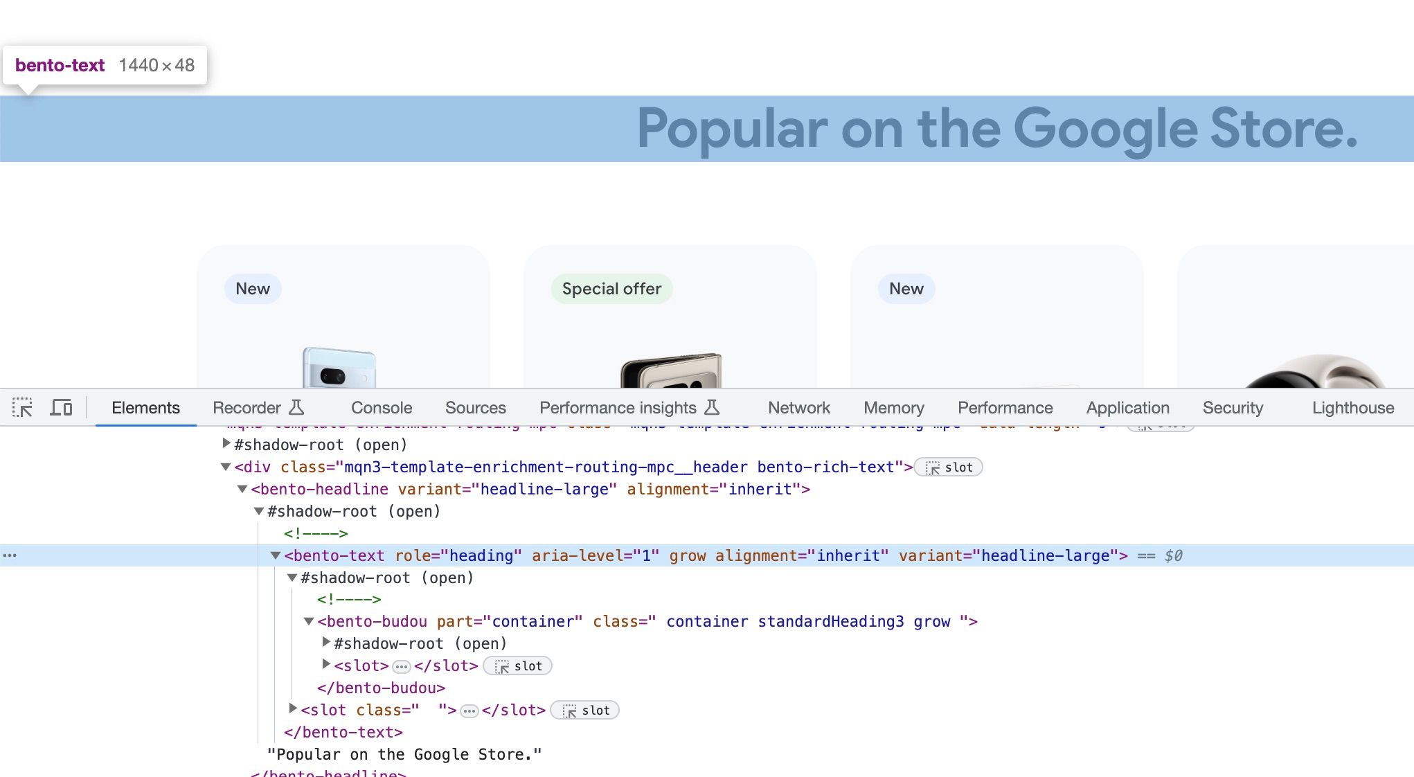 Screenshot of the Google Store UK, with the code of the website also open, being highlighted is the text: Popular on the Google Store but highlighted in the code is not the heading HTML that is expect but something different that impacts accessibility standards