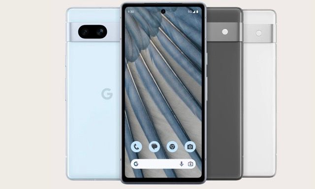 Photo of four Google Pixel 7 phones in various colours. The first phone is highlighting the back of the phone in sea colour - a light blue. The second has the front display with a blue-and-grey feather wallpaper. The back of 3 and 4 display the colours charcoal, a dark grey and snow, an off-white.