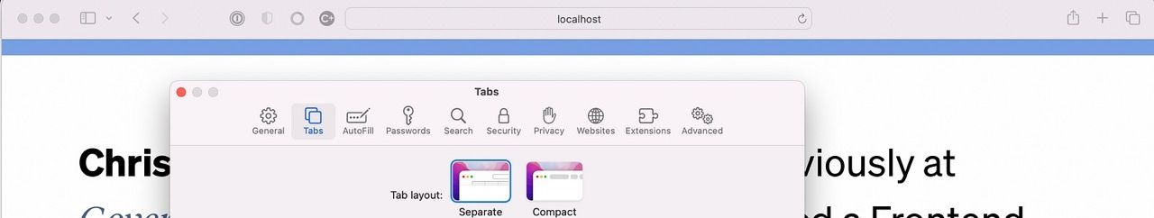 Safari 16 settings on macOS, going to Safari then 'Preferences', then 'Tabs'. This reveals settings called 'Tab Layout' with two options: Separate and Compact. When Seperate is selected the theme-colour cannot be seen.